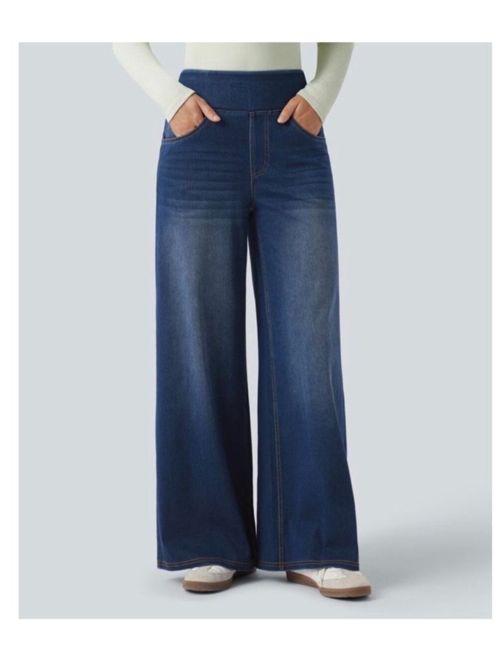 Halara L Denim Wide-Leg Pants Stretch Waist Large Blue Cotton Blend